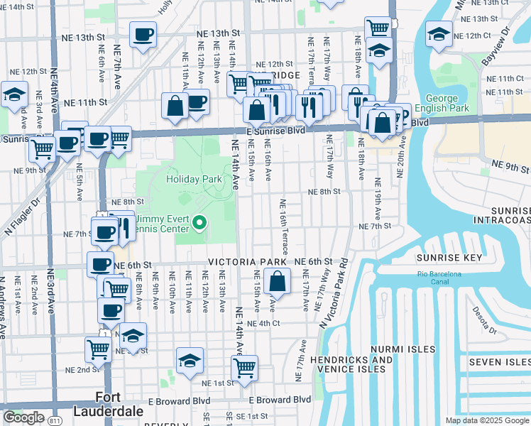 map of restaurants, bars, coffee shops, grocery stores, and more near 726 Northeast 15th Avenue in Fort Lauderdale