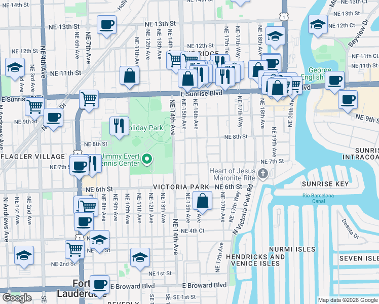 map of restaurants, bars, coffee shops, grocery stores, and more near 726 Northeast 15th Avenue in Fort Lauderdale