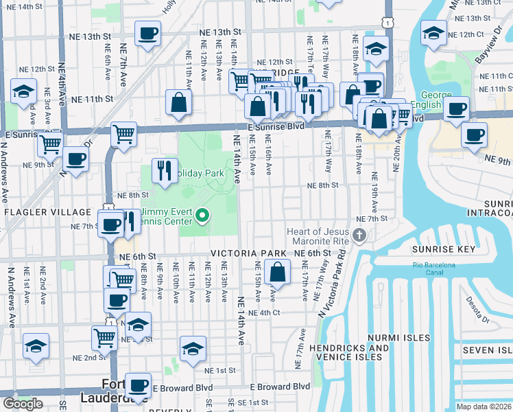 map of restaurants, bars, coffee shops, grocery stores, and more near 726 Northeast 15th Avenue in Fort Lauderdale