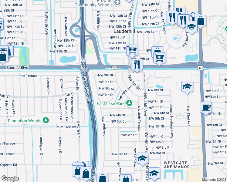 map of restaurants, bars, coffee shops, grocery stores, and more near 4836 Northwest 8th Street in Plantation