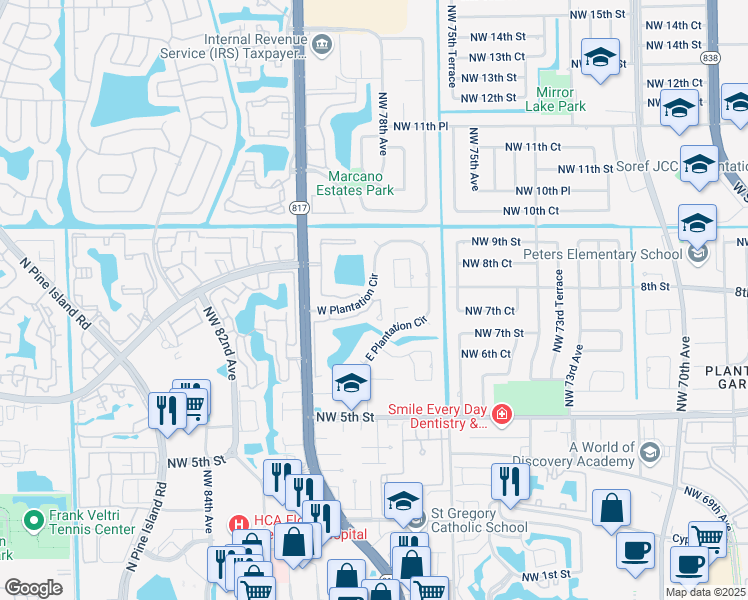 map of restaurants, bars, coffee shops, grocery stores, and more near 7690 Plantation Road in Plantation