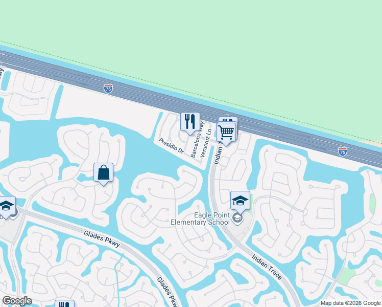 map of restaurants, bars, coffee shops, grocery stores, and more near 1418 Barcelona Way in Weston