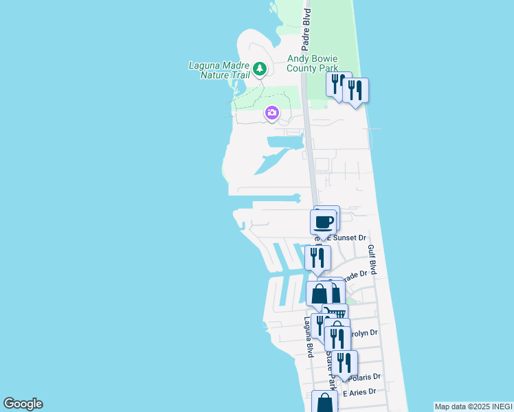 map of restaurants, bars, coffee shops, grocery stores, and more near 188 Kings Court in South Padre Island