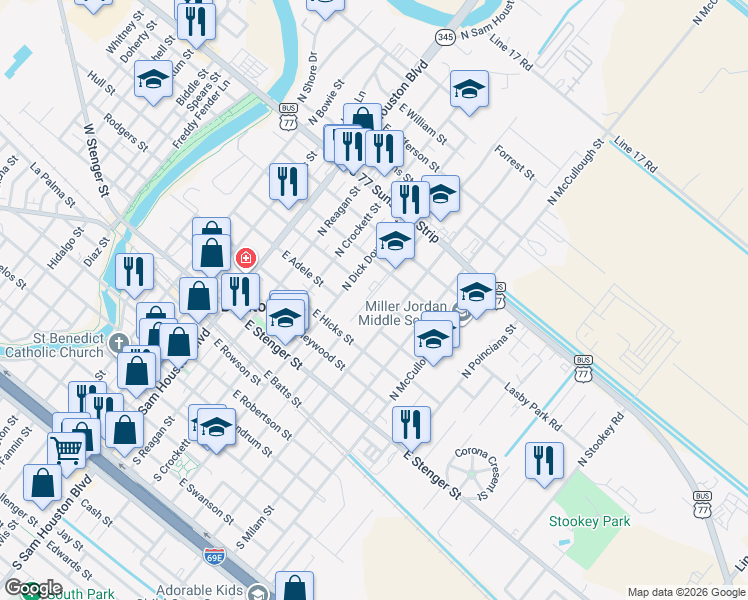map of restaurants, bars, coffee shops, grocery stores, and more near 500 North Dick Dowling Street in San Benito