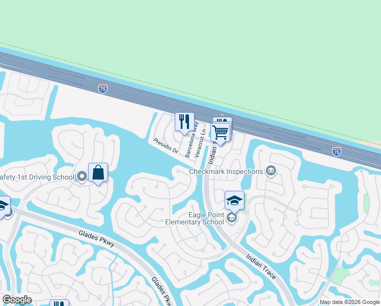 map of restaurants, bars, coffee shops, grocery stores, and more near 1418 Barcelona Way in Weston