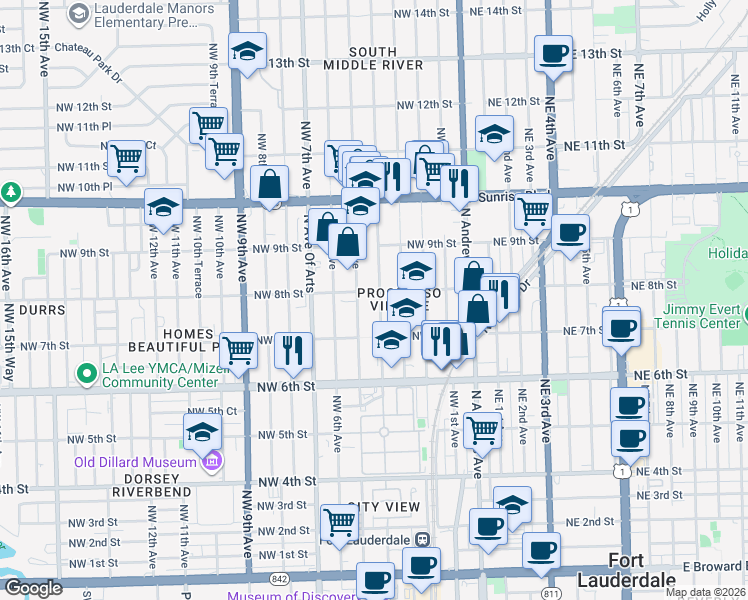 map of restaurants, bars, coffee shops, grocery stores, and more near 745 Northwest 4th Avenue in Fort Lauderdale