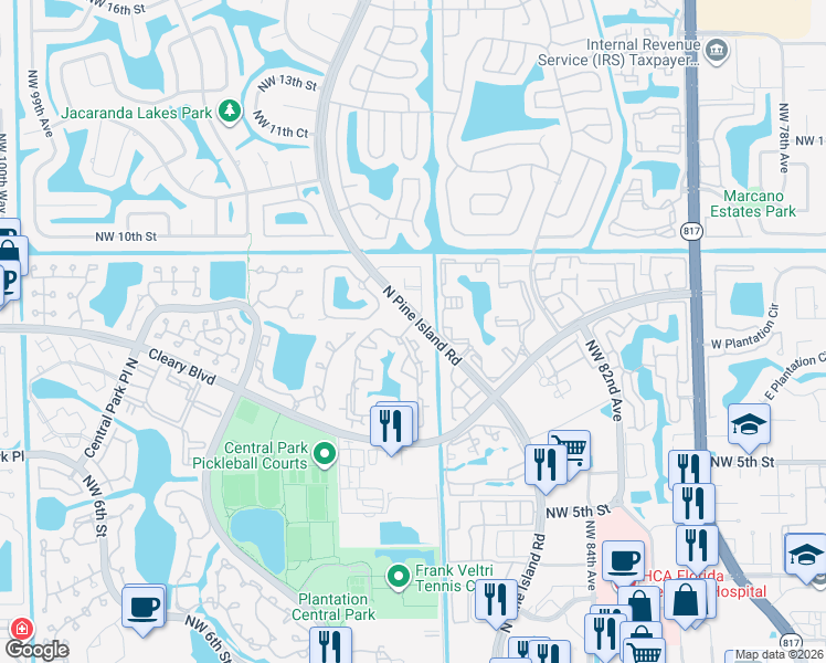 map of restaurants, bars, coffee shops, grocery stores, and more near 9000 Northwest 9th Street in Plantation