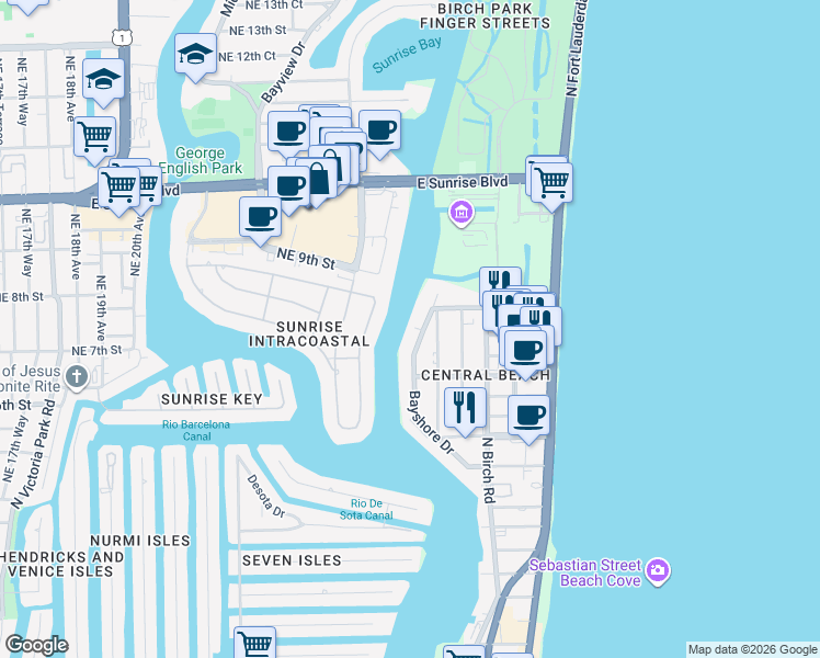 map of restaurants, bars, coffee shops, grocery stores, and more near 711 Bayshore Drive in Fort Lauderdale