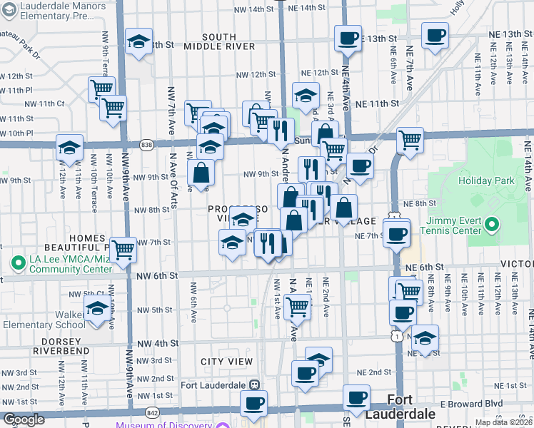 map of restaurants, bars, coffee shops, grocery stores, and more near 100 Northwest 8th Street in Fort Lauderdale
