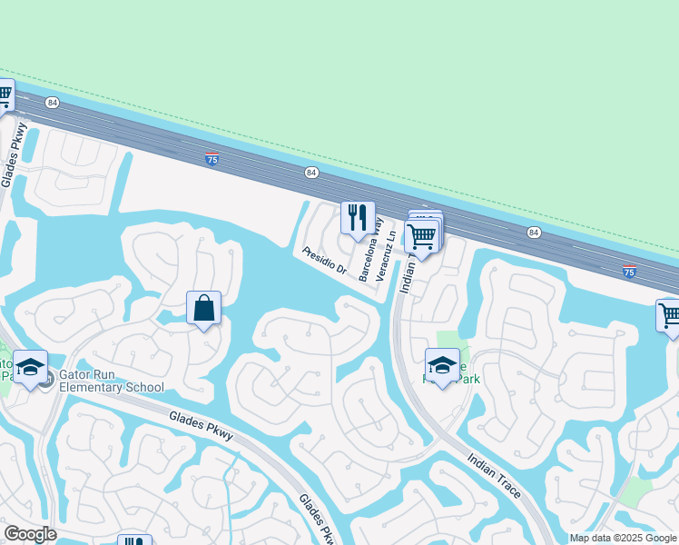 map of restaurants, bars, coffee shops, grocery stores, and more near 1361 Presidio Drive in Weston