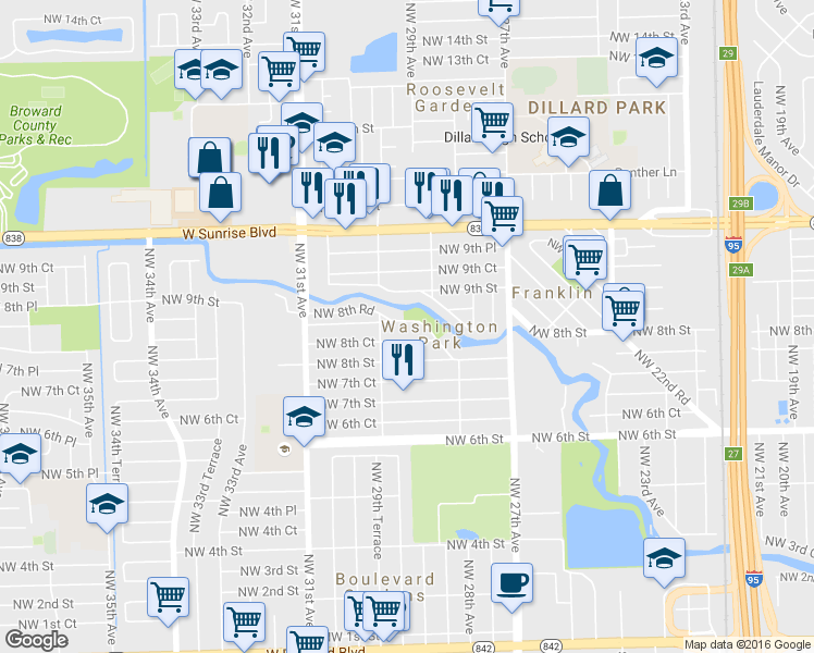 map of restaurants, bars, coffee shops, grocery stores, and more near 2848 Northwest 8th Road in Fort Lauderdale