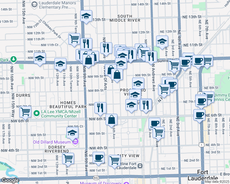 map of restaurants, bars, coffee shops, grocery stores, and more near 750 Northwest 6th Avenue in Fort Lauderdale