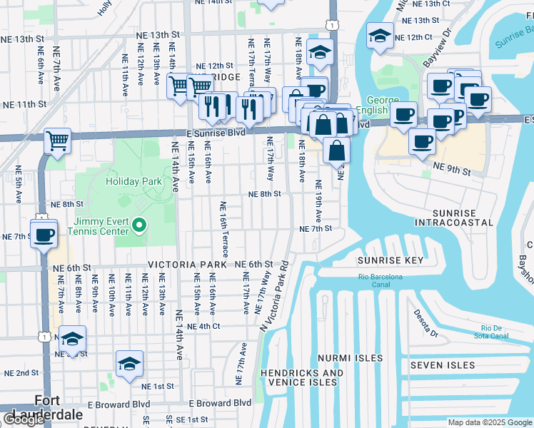 map of restaurants, bars, coffee shops, grocery stores, and more near 720 Northeast 17th Terrace in Fort Lauderdale