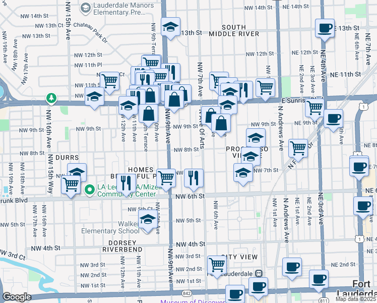 map of restaurants, bars, coffee shops, grocery stores, and more near 781 Northwest 8th Street in Fort Lauderdale