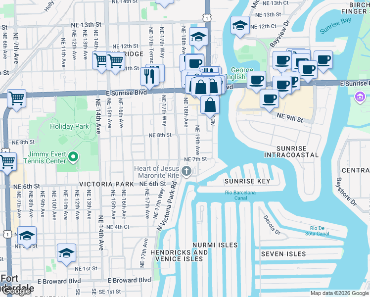 map of restaurants, bars, coffee shops, grocery stores, and more near 720 North Victoria Park Road in Fort Lauderdale