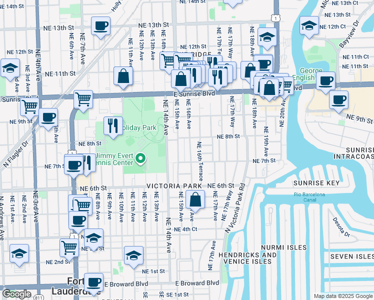 map of restaurants, bars, coffee shops, grocery stores, and more near 726 Northeast 15th Avenue in Fort Lauderdale