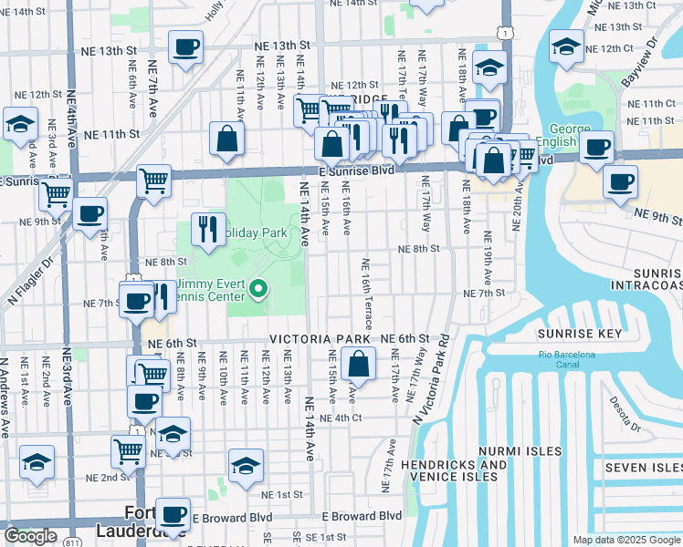 map of restaurants, bars, coffee shops, grocery stores, and more near 726 Northeast 15th Avenue in Fort Lauderdale