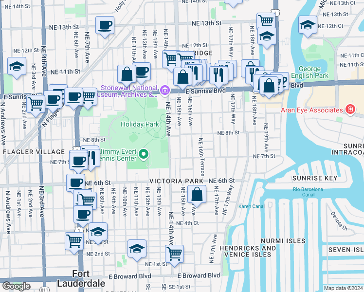 map of restaurants, bars, coffee shops, grocery stores, and more near 726 Northeast 15th Avenue in Fort Lauderdale