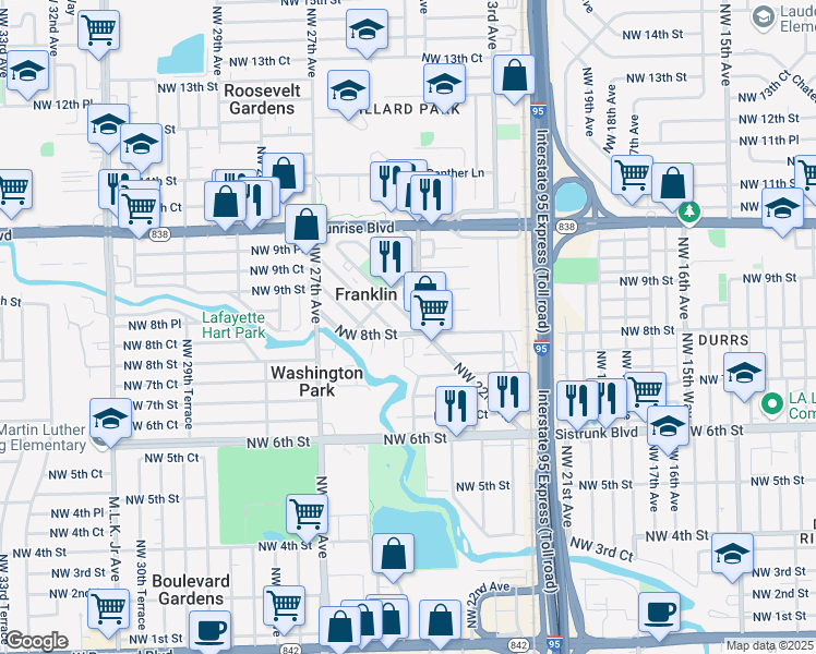 map of restaurants, bars, coffee shops, grocery stores, and more near 2417 Northwest 22nd Road in Fort Lauderdale