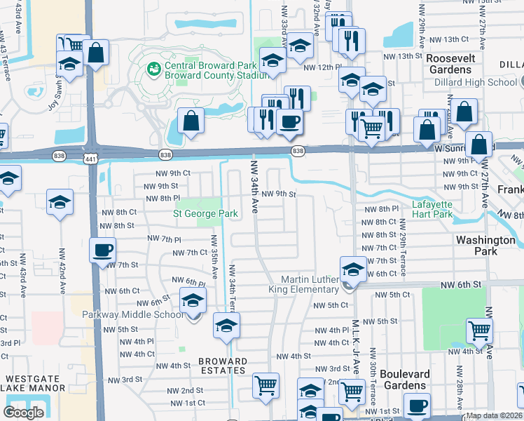 map of restaurants, bars, coffee shops, grocery stores, and more near 3350 Northwest 8th Place in Fort Lauderdale