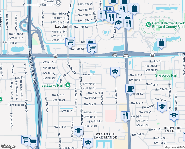 map of restaurants, bars, coffee shops, grocery stores, and more near 4400 Northwest 8th Street in Plantation