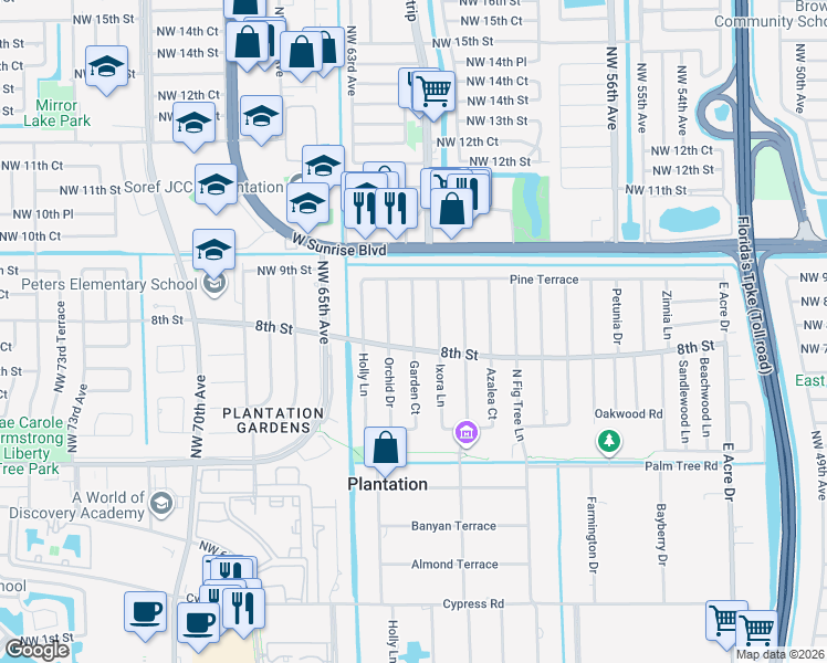 map of restaurants, bars, coffee shops, grocery stores, and more near 824 Garden Court in Plantation