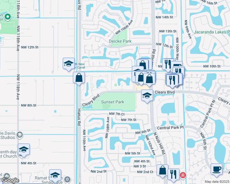 map of restaurants, bars, coffee shops, grocery stores, and more near 10781 Cleary Boulevard in Plantation