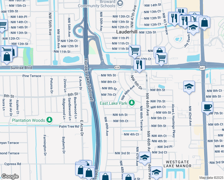 map of restaurants, bars, coffee shops, grocery stores, and more near 4836 Northwest 8th Street in Plantation