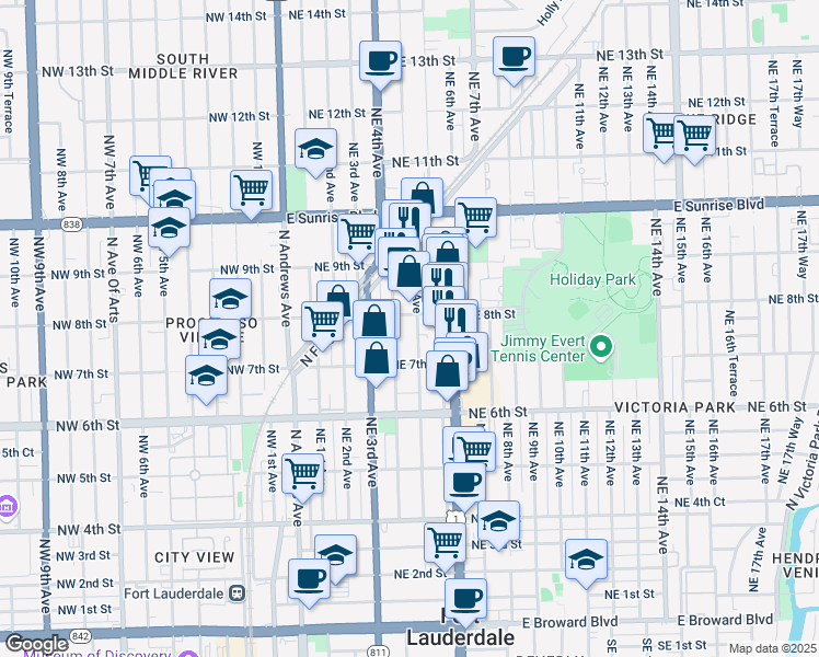 map of restaurants, bars, coffee shops, grocery stores, and more near 735 Northeast 5th Avenue in Fort Lauderdale