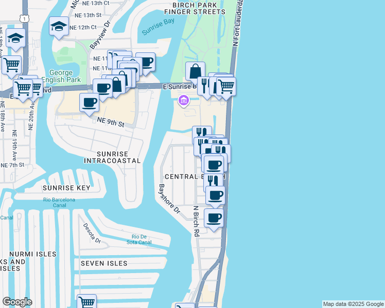 map of restaurants, bars, coffee shops, grocery stores, and more near 711 North Birch Road in Fort Lauderdale