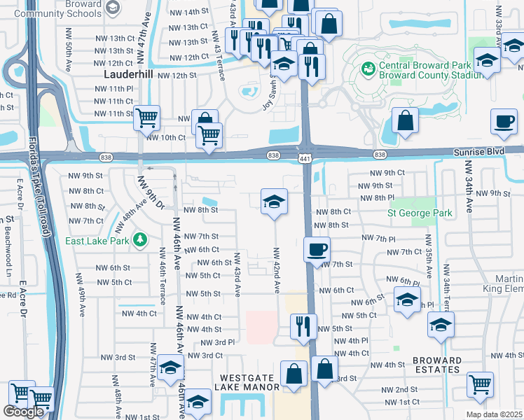 map of restaurants, bars, coffee shops, grocery stores, and more near 675 Northwest 42nd Avenue in Plantation