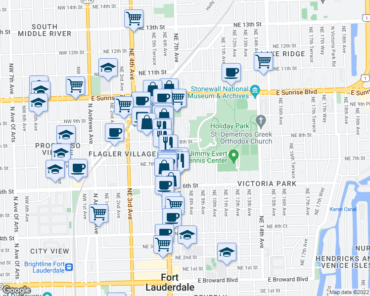 map of restaurants, bars, coffee shops, grocery stores, and more near 752 Northeast 7th Avenue in Fort Lauderdale