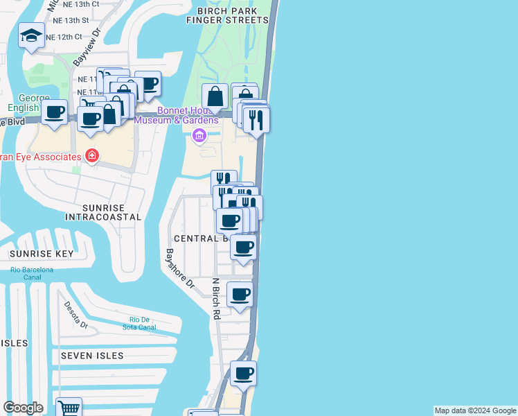 map of restaurants, bars, coffee shops, grocery stores, and more near 646 North Fort Lauderdale Beach Boulevard in Fort Lauderdale