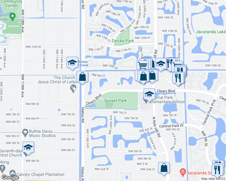map of restaurants, bars, coffee shops, grocery stores, and more near 10810 Northwest 8th Court in Plantation