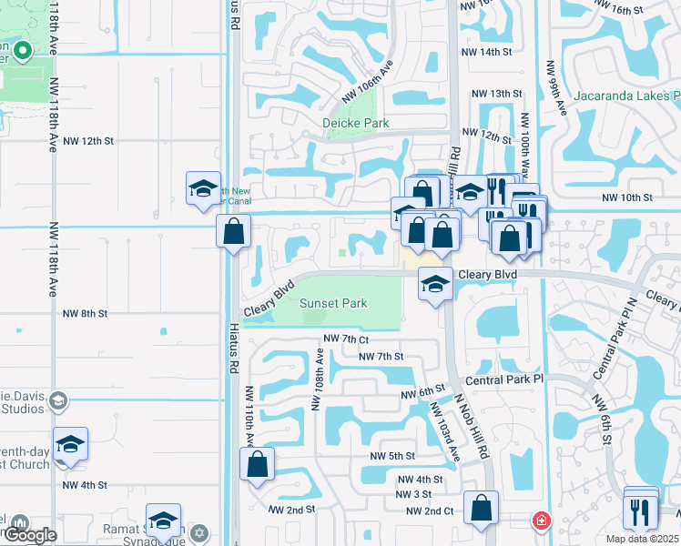 map of restaurants, bars, coffee shops, grocery stores, and more near 10781 Cleary Boulevard in Plantation