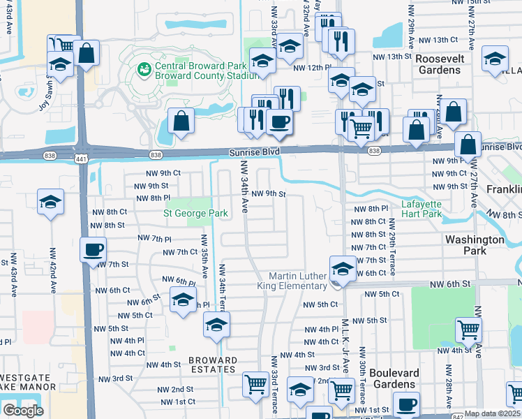 map of restaurants, bars, coffee shops, grocery stores, and more near 3350 Northwest 8th Place in Fort Lauderdale