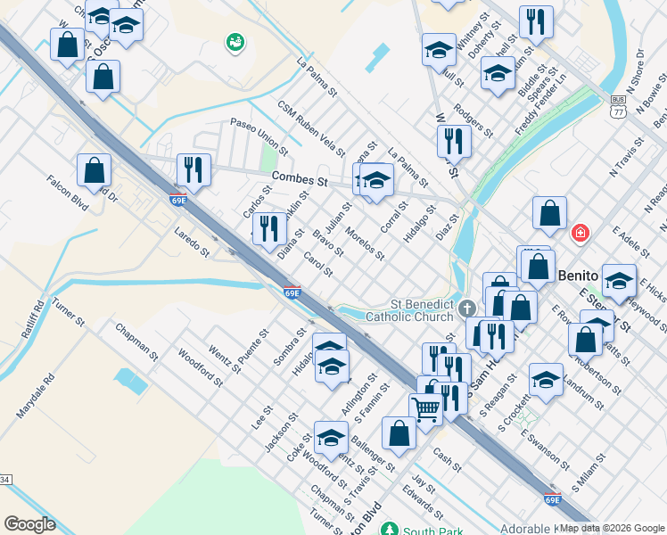 map of restaurants, bars, coffee shops, grocery stores, and more near 555 Sombra Street in San Benito