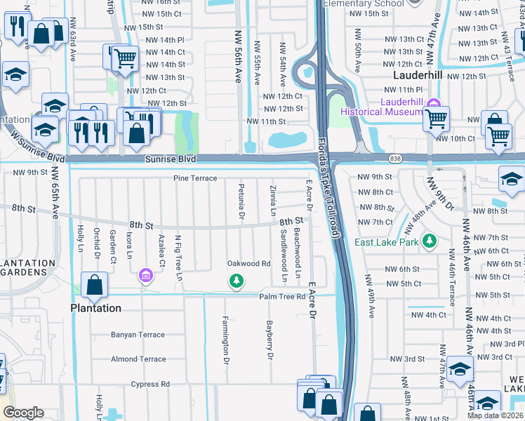 map of restaurants, bars, coffee shops, grocery stores, and more near 840 Alamanda Court in Plantation