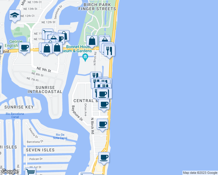 map of restaurants, bars, coffee shops, grocery stores, and more near 646-692 North Fort Lauderdale Beach Boulevard in Fort Lauderdale