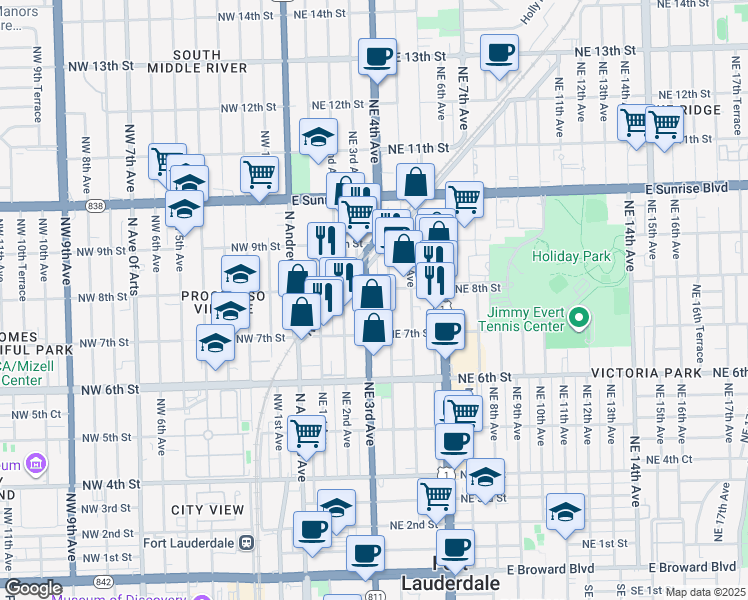 map of restaurants, bars, coffee shops, grocery stores, and more near 736 Northeast 3rd Avenue in Fort Lauderdale