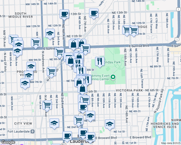 map of restaurants, bars, coffee shops, grocery stores, and more near 752 Northeast 7th Avenue in Fort Lauderdale