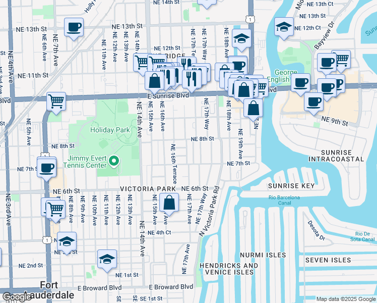 map of restaurants, bars, coffee shops, grocery stores, and more near 723 Northeast 17th Avenue in Fort Lauderdale