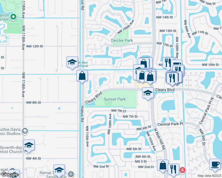 map of restaurants, bars, coffee shops, grocery stores, and more near 10749 Cleary Boulevard in Plantation