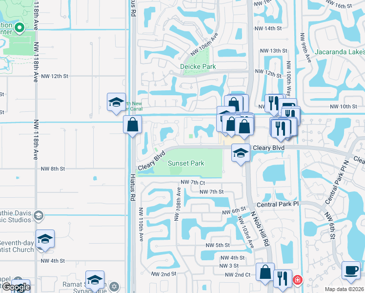 map of restaurants, bars, coffee shops, grocery stores, and more near 10727 Cleary Boulevard in Plantation