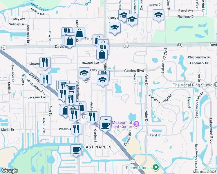 map of restaurants, bars, coffee shops, grocery stores, and more near 2085 Airport Road South in Naples