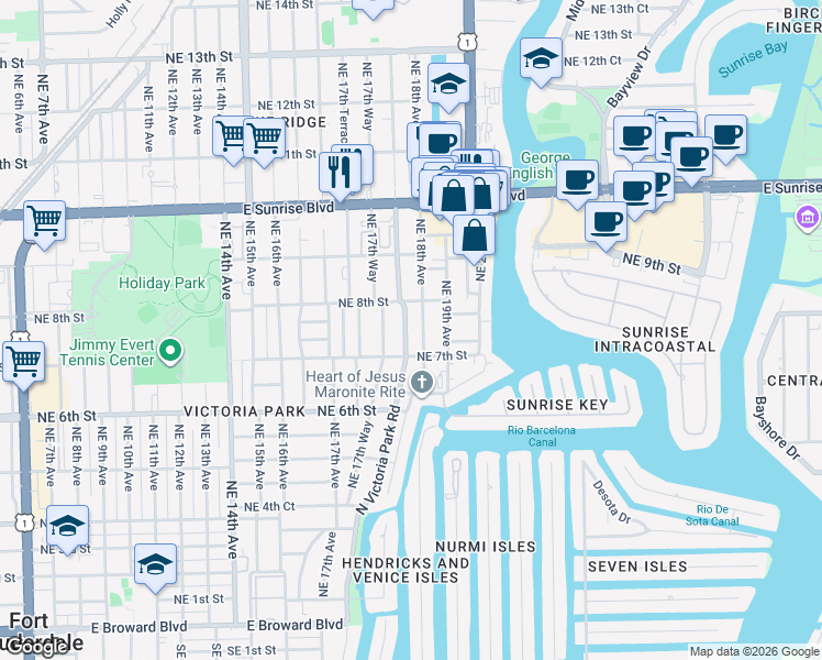 map of restaurants, bars, coffee shops, grocery stores, and more near 720 North Victoria Park Road in Fort Lauderdale