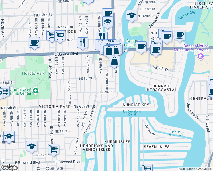 map of restaurants, bars, coffee shops, grocery stores, and more near 723 Northeast 19th Avenue in Fort Lauderdale