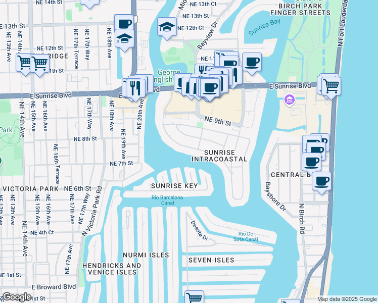 map of restaurants, bars, coffee shops, grocery stores, and more near 717 Middle River Drive in Fort Lauderdale