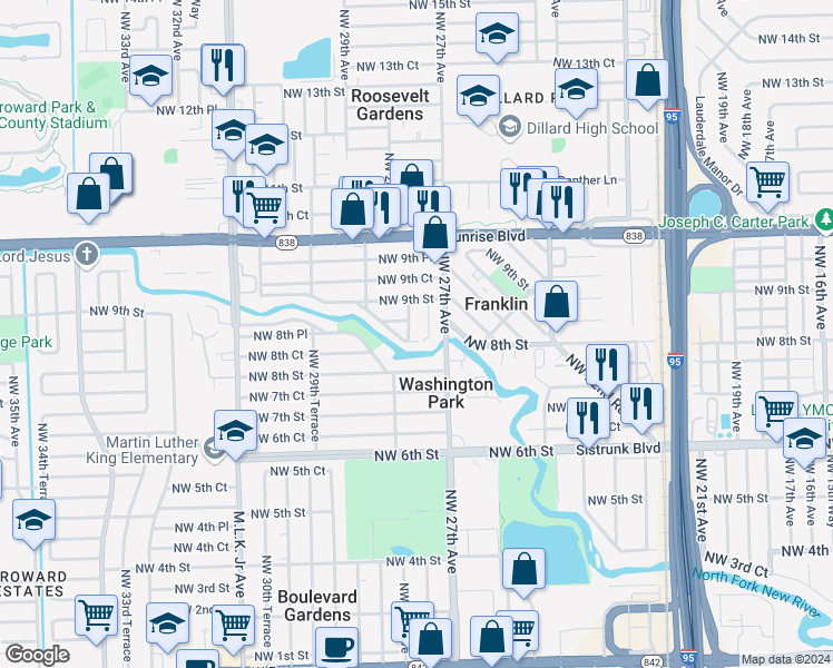 map of restaurants, bars, coffee shops, grocery stores, and more near 836 Northwest 28th Avenue in Fort Lauderdale