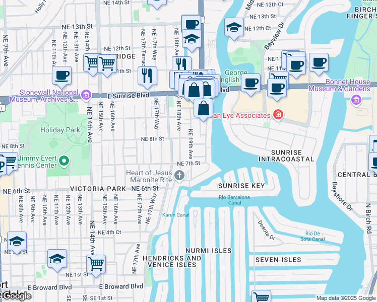 map of restaurants, bars, coffee shops, grocery stores, and more near 723 Northeast 19th Avenue in Fort Lauderdale